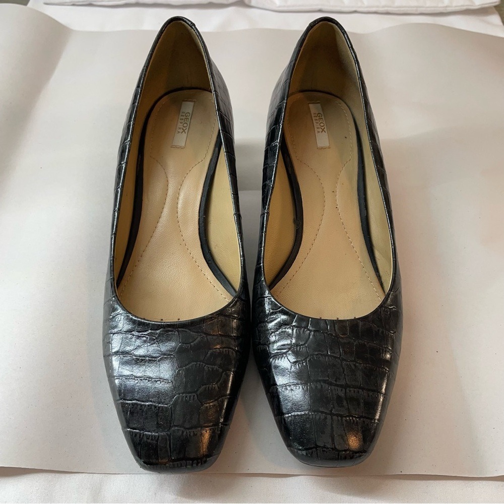 Geox Respira Pumps Womens Black Croc Embossed Leather Square Toe Heels Good‎ - Picture 2 of 10